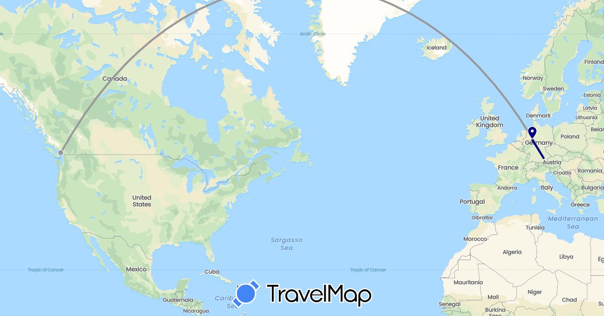 TravelMap itinerary: driving, plane in Canada, Germany (Europe, North America)